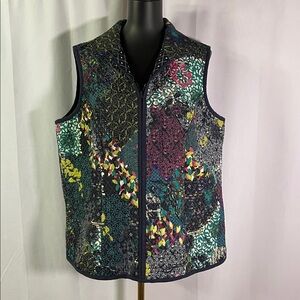 CJ Banks Multicolor Floral Print Embroidered Reversible Quilted Zip Front Vest
